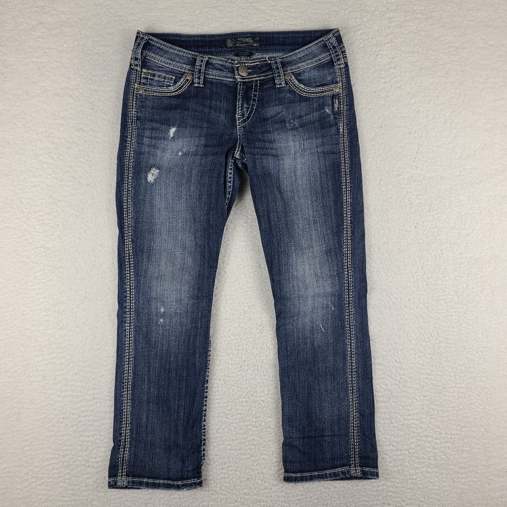Silver Jeans Womens 27 Blue Twisted‎ Capri Distress Dark Wash Denim